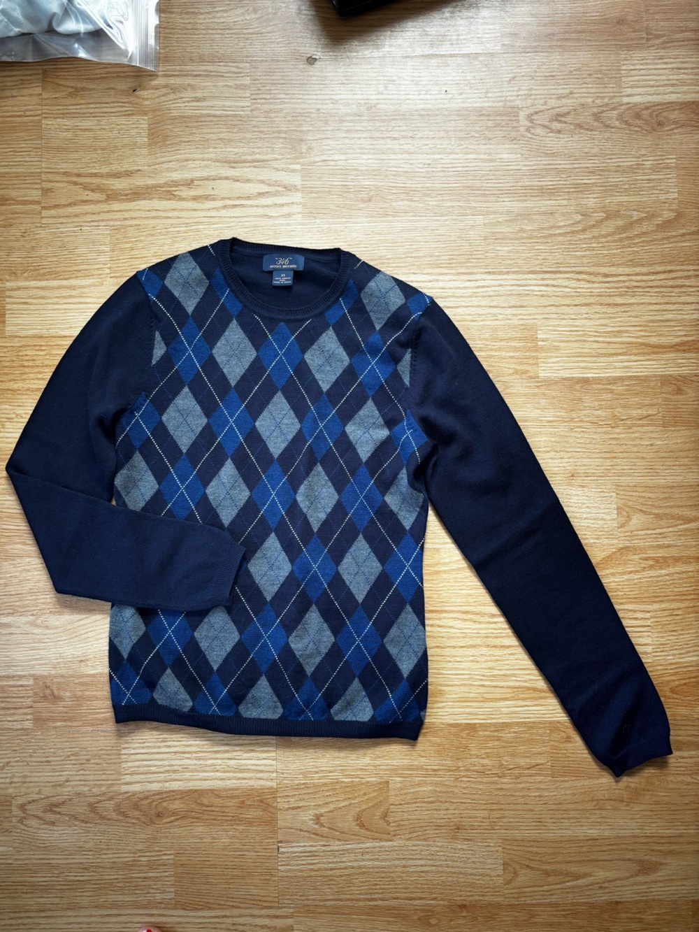 Brooks Brothers XS merino wool argyle sweater navy blue preppy crewneck office